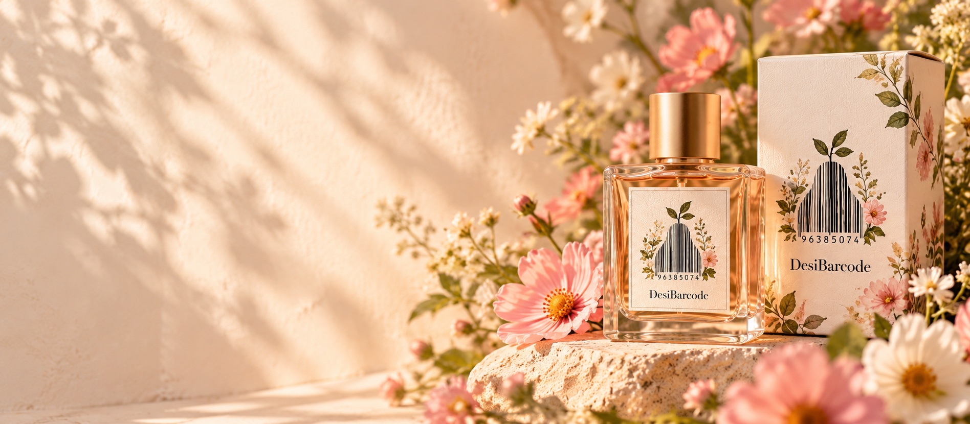 A small DesiBarcode bottle and compact pear barcode label in a floral setting